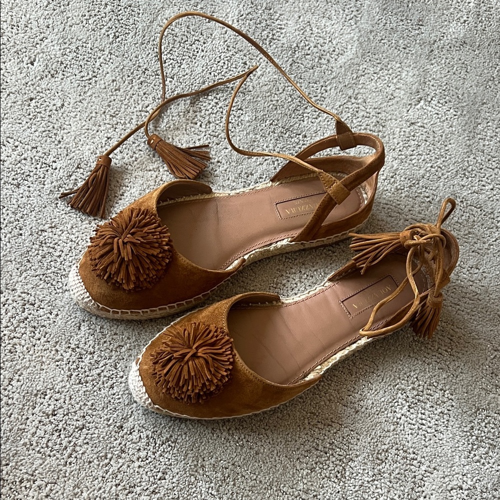 Aquazzura Tan Espadrille Flats with Pom Pom